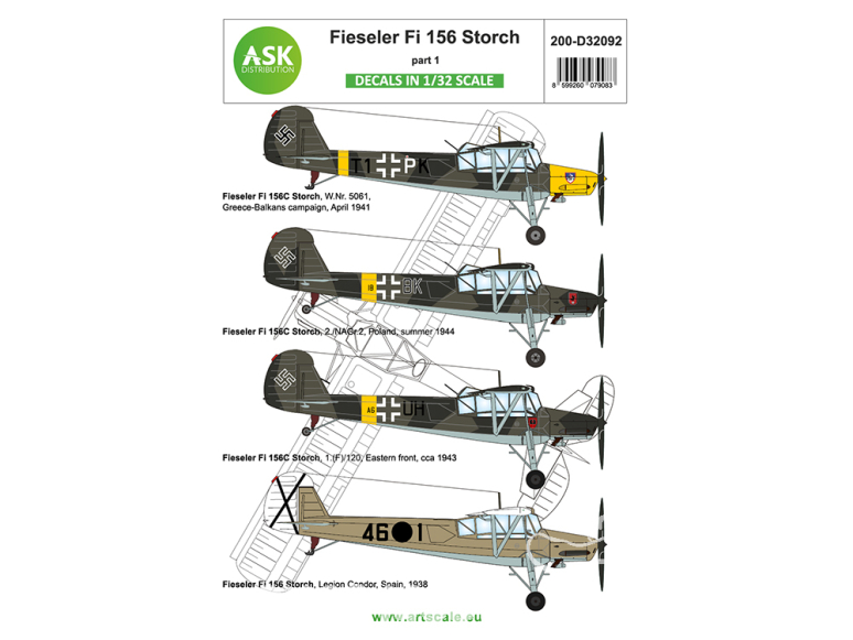 ASK Art Scale Kit Décalcomanies D32092 Fieseler Fi 156 Storch Partie 1 1/32