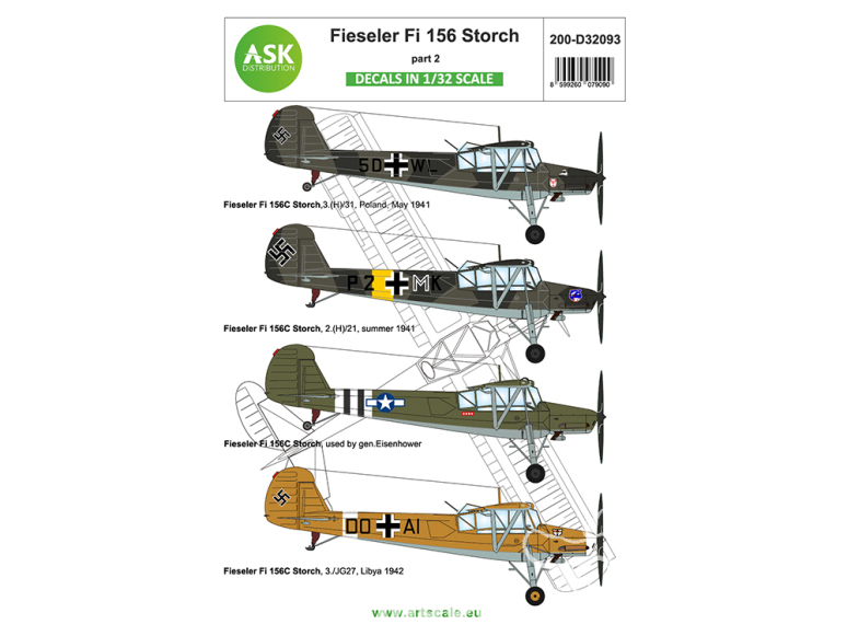 ASK Art Scale Kit Décalcomanies D32093 Fieseler Fi 156 Storch Partie 2 1/32