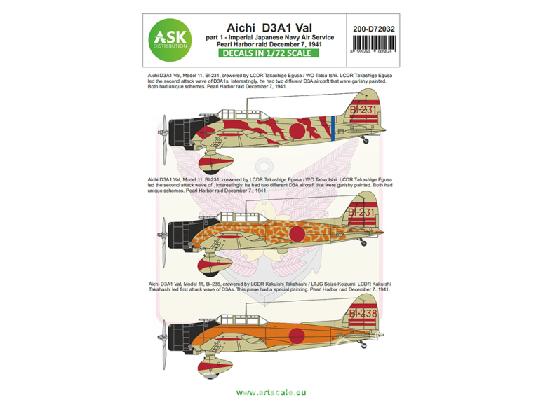 ASK Art Scale Kit Décalcomanies D72032 Aichi D3A1 Val Partie 1 - Attaque de Pearl Harbor 7 Décembre 1941 1/72