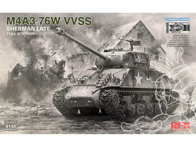 Rye Field Model maquette militaire 5135 M4A3 76W VVSS Sheman Late avec intérieur complet Version Standard 1/35
