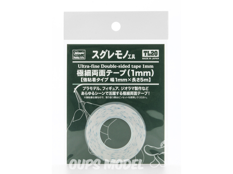 HASEGAWA TL20 Ruban adhésif double face ultra-fin 1 mm Type adhésif puissant, largeur 1 mm x longueur 5 m