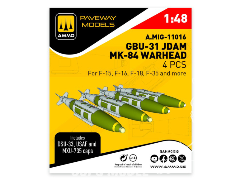 Ammo Mig Paveway Models A.MIG-11016 GBU-31 JDAM MK-84 WARHEAD x4 1/48