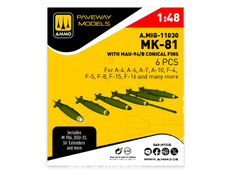 Ammo Mig Paveway Models A.MIG-11030 MK-81 avec MAU-94/B Conical fins x6 1/48