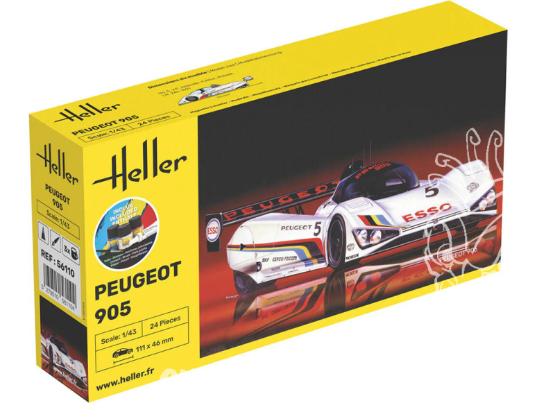 HELLER maquette voiture 56110 STARTER KIT Peugeot 905 inclus peintures principale colle et pinceau 1/43