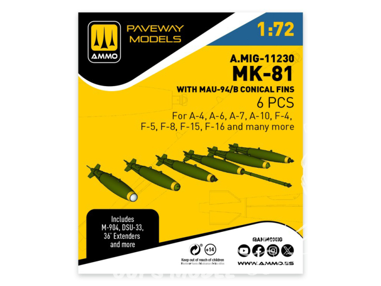 Ammo Mig Paveway Models A.MIG-11230 MK-81 avec MAU-94/B Conical fins x6 1/72