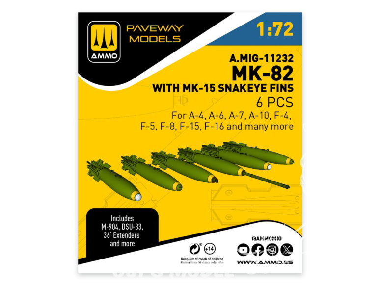 Ammo Mig Paveway Models A.MIG-11232 MK-82 avec MK-15 Snakeye fins x6 1/72