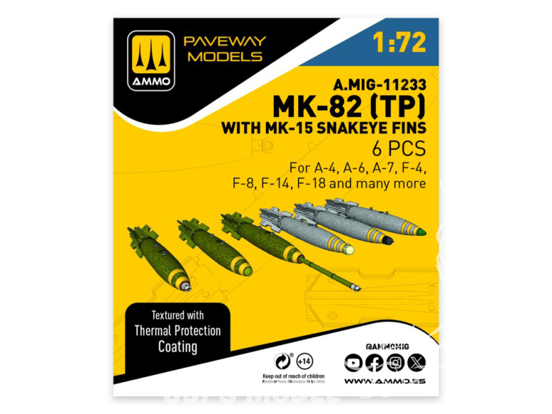 Ammo Mig Paveway Models A.MIG-11233 MK-82 (TP) avec MK-15 Snakeye fins x6 1/72