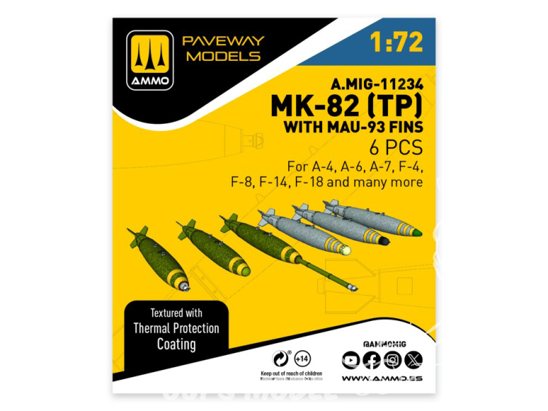 Ammo Mig Paveway Models A.MIG-11234 MK-82 (TP) avec MAU-93 fins x6 1/72