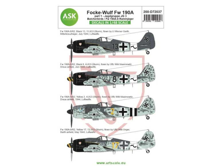 ASK Art Scale Kit Décalcomanies D72037 Focke Wulf Fw 190A Partie 1 - Jagdgruppe JG 3 Butcherbirds / Fw 190A-8 Rammjäger 1/72