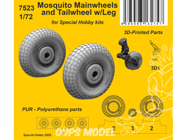 CMK kit resine 7523 Roues principales et roue arrière du Mosquito avec jambe Special Hobby 1/72