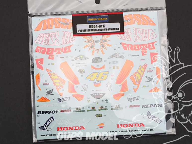 Hobby Design accessoire moto HD04-0117 Décalcomanies Rossi Repsol Honda RC211V 2003 Valencia 1/12
