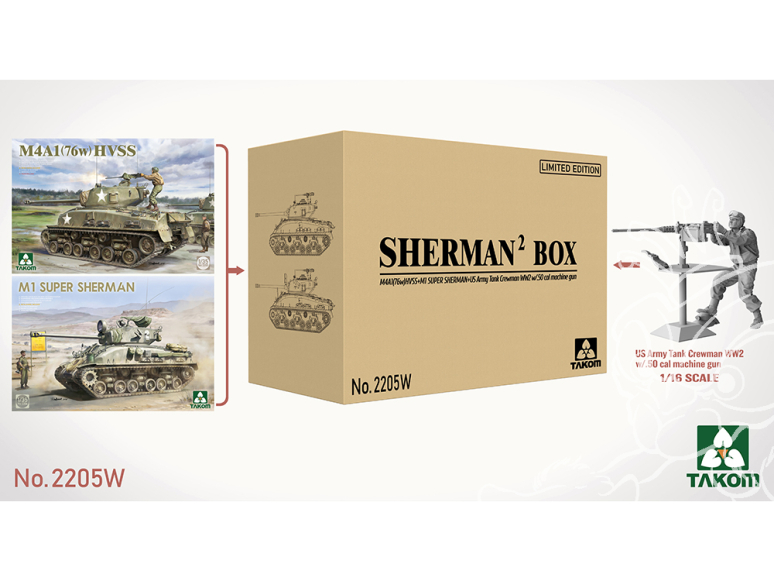 Takom maquette militaire 2205W Sherman BOX Sherman M4A1 + M1 Super Sherman 1/35 + Figurine 1/16 Edition Limitée