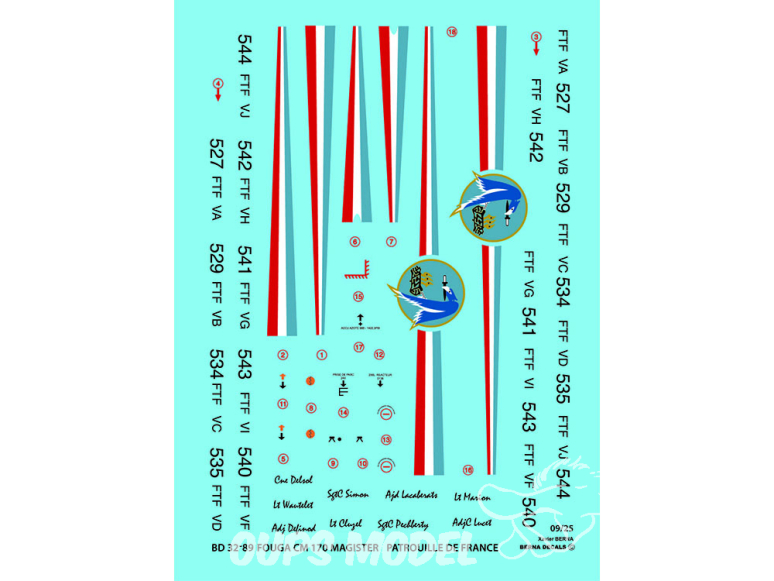 DECALQUES BERNA DECALS BD32-89 Fouga Magister CM170 Patrouille de France 1/32