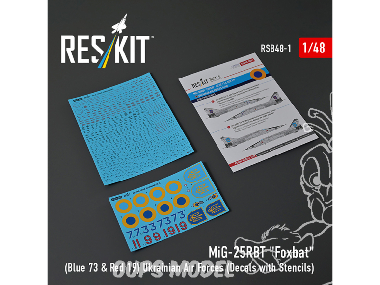ResKit Figurine RSB48-0001 MiG-25RBT Foxbat Bleu 73 et Rouge 19 Forces aériennes ukrainiennes Decalques avec pochoirs 1/48