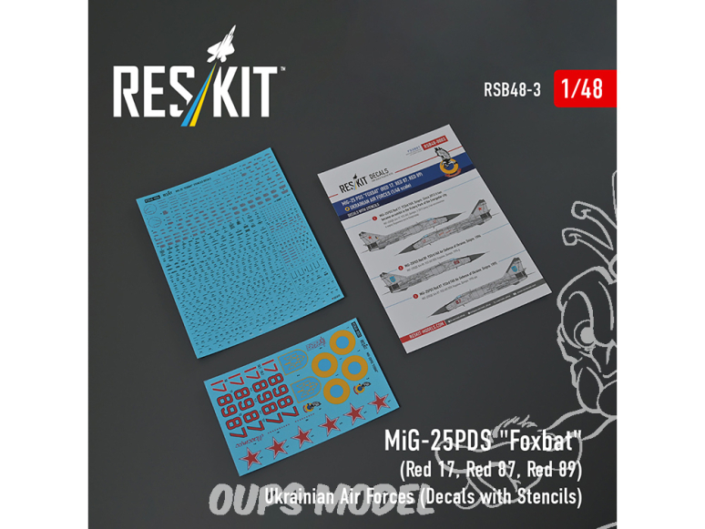 ResKit Figurine RSB48-0003 MiG-25PDS Foxbat Rouge 17,87 et 89 Forces aériennes ukrainiennes Decalques avec pochoirs 1/48