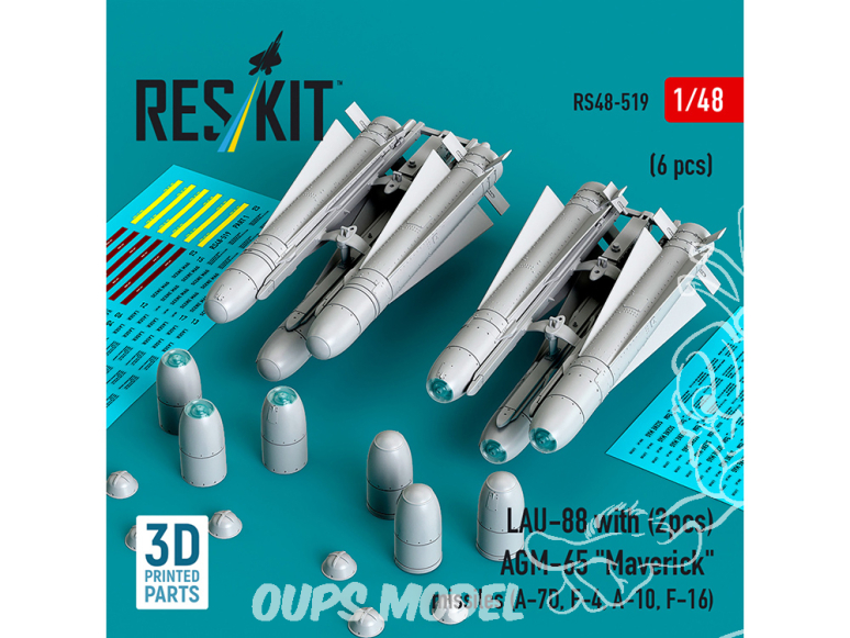 ResKit kit RS48-0519 LAU-88 avec 2 missiles AGM-65 « Maverick » 6 pièces imprimées en 3D 1/48