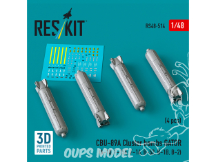 ResKit kit RS48-0514 Bombes à fragmentation CBU-89A GATOR 4 pièces imprimées en 3D 1/48
