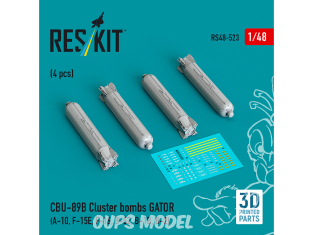 ResKit kit RS48-0523 Bombes à fragmentation CBU-89B GATOR 4 pièces imprimées en 3D 1/48