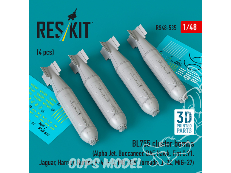 ResKit kit RS48-0535 Bombes à fragmentation BL755, 4 pièces imprimées en 3D 1/48