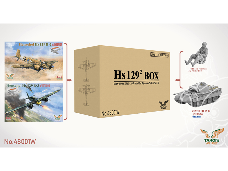 Takom maquette avion 48001W Big Box Henschel Hs 129 B-2 + B-3 avec intérieur + Panther A et figurines 1/48