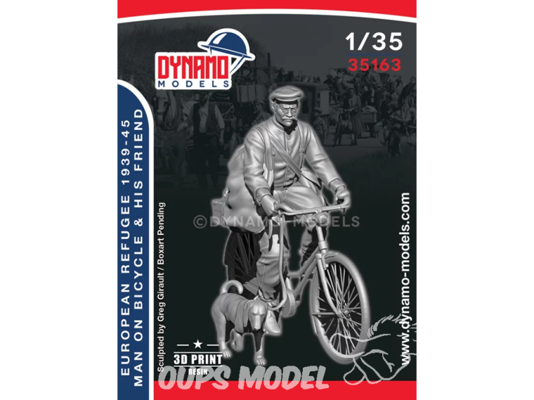 Dynamo models figurine 35163 Réfugié Européen 1939 - 1945 - Homme sur bicyclette avec chien 1/35
