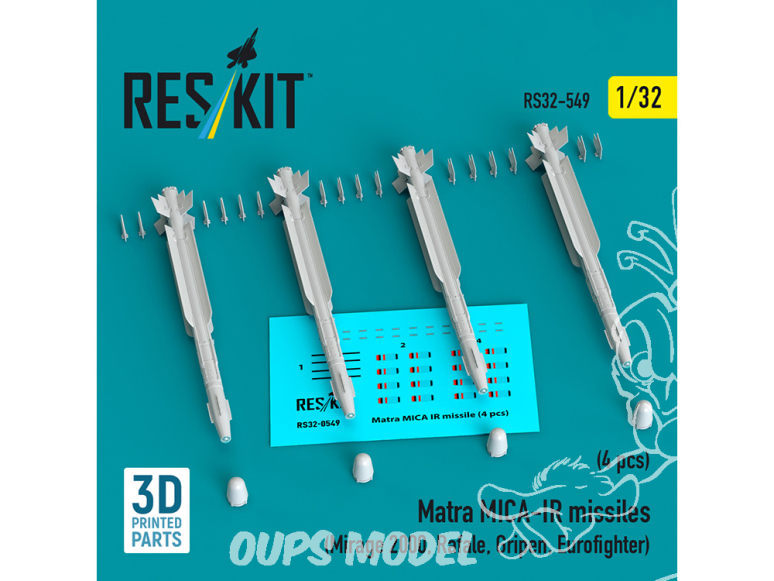 ResKit kit RS32-0549 Missiles Matra MICA-IR 4 pièces imprimés en 3D 1/32