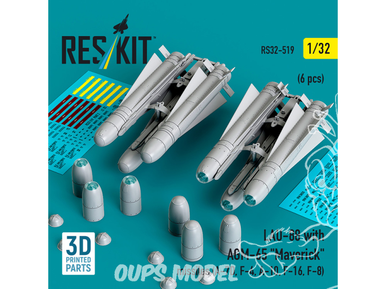 ResKit kit RS32-0519 LAU-88 avec 2 missiles AGM-65 « Maverick » 6 pièces imprimées en 3D 1/32