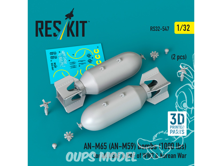 ResKit kit RS32-0547 Bombes AN-M65 AN-M59 2 pièces 1000 lbs pour tous les USAF et RAF 1/32