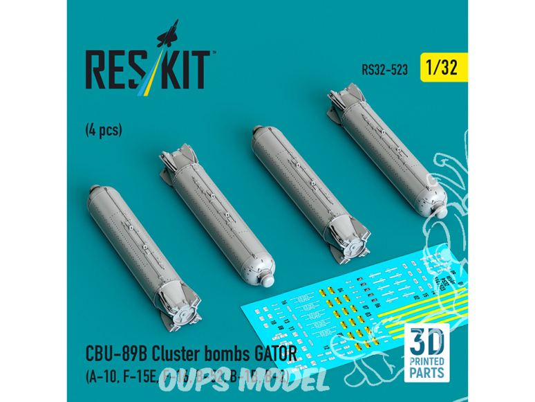 ResKit kit RS32-0523 Bombes à fragmentation CBU-89B GATOR 4 pièces imprimées en 3D 1/32