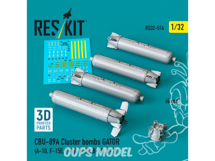 ResKit kit RS32-0514 Bombes à fragmentation CBU-89A GATOR 4 pièces imprimées en 3D 1/32