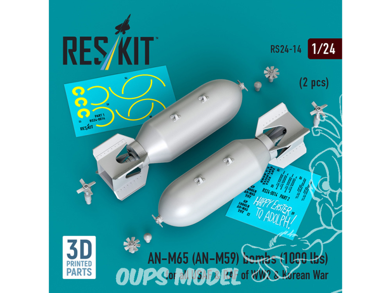 ResKit kit RS24-0014 Bombes AN-M65 AN-M59 2 pièces 1000 lbs pour tous les USAF et RAF 1/24