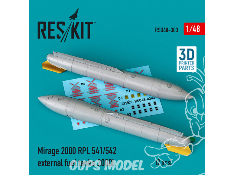 ResKit amelioration Avion RSU48-0303 Mirage 2000 RPL 541/542 réservoirs de carburant externes 2000lt 2 pcs impression 3D 1/48