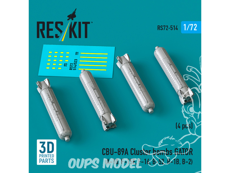 ResKit kit RS72-0514 Bombes à fragmentation CBU-89A GATOR 4 pièces imprimées en 3D 1/72