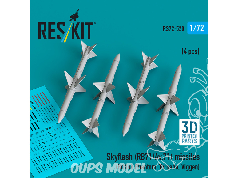 ResKit kit RS72-0520 Missiles Skyflash RB71/Av.71, 4 pièces, imprimés en 3D 1/72