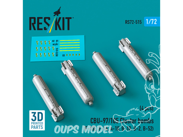 ResKit kit RS72-0515 Bombes à fragmentation CBU-97/105, 4 pièces imprimées en 3D 1/72
