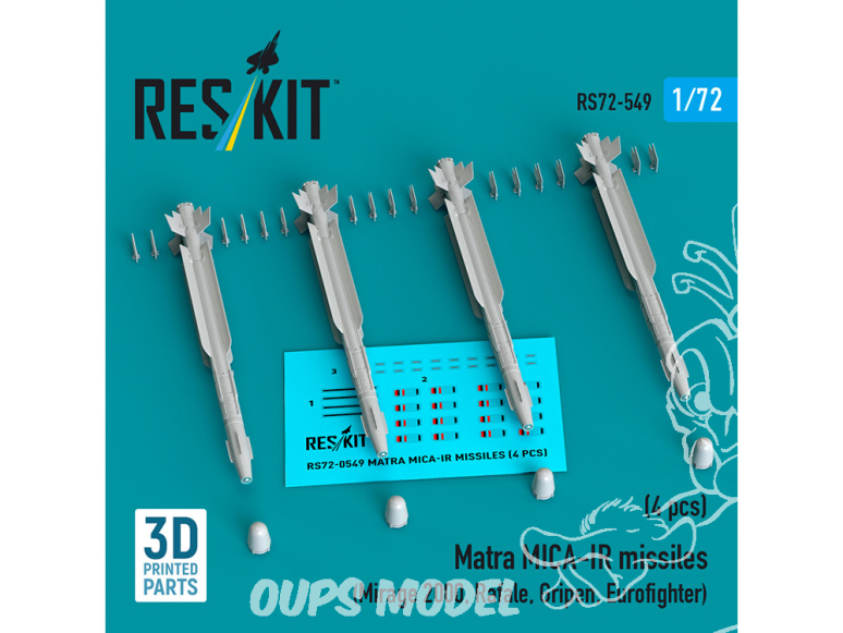 ResKit kit RS72-0549 Missiles Matra MICA-IR 4 pièces imprimés en 3D 1/72