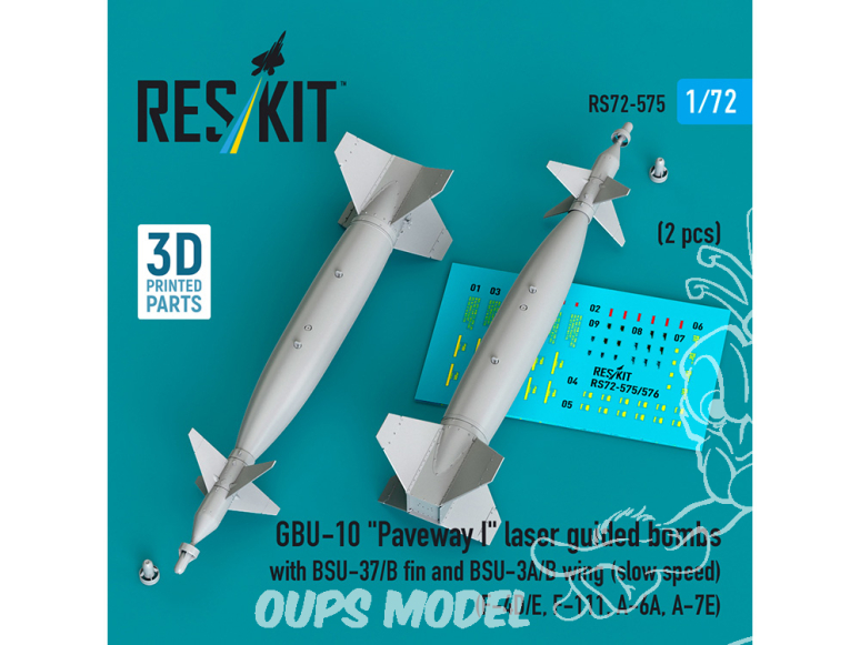 ResKit kit RS72-0575 Bombes guidées laser GBU-10 « Paveway I » avec dérive BSU-37/B et aile BSU-3A/B vitesse lente 1/72