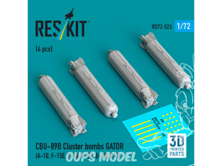 ResKit kit RS72-0523 Bombes à fragmentation CBU-89B GATOR 4 pièces imprimées en 3D 1/72