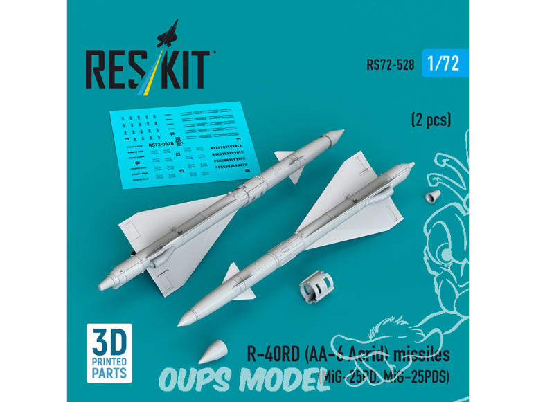 ResKit kit RS72-0528 Missiles R-40RD AA-6 « Acrid » 2 pièces imprimés en 3D 1/72