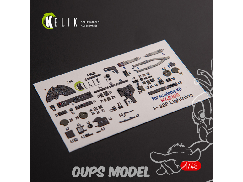 Kelik K48108 Autocollants 3D intérieurs P-38F Lightning pour kit Academy 1/48