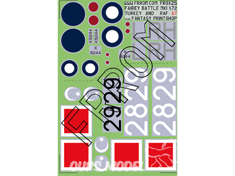 Frrom maquettes avions FR0X25 Décalques Fairey Battle MK.I Turkey / UK taille A7 1/72