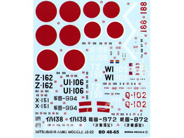 Decalques Berna decals BD48-65 MITSUBISHI ZERO A6M3 HAMP MODELE 32 - 22 1/48