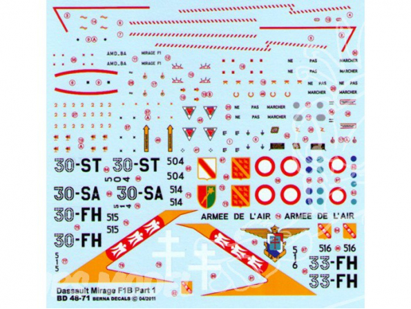 Decalques Berna decals BD48-71 DASSAULT MIRAGE F1 B Partie 1 1/48