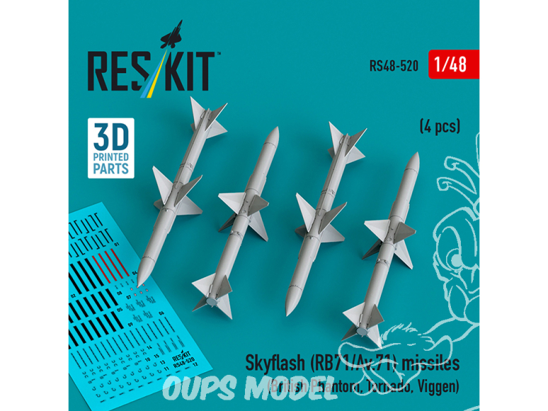 ResKit kit RS48-0520 Missiles Skyflash RB71/Av.71, 4 pièces, imprimés en 3D 1/48