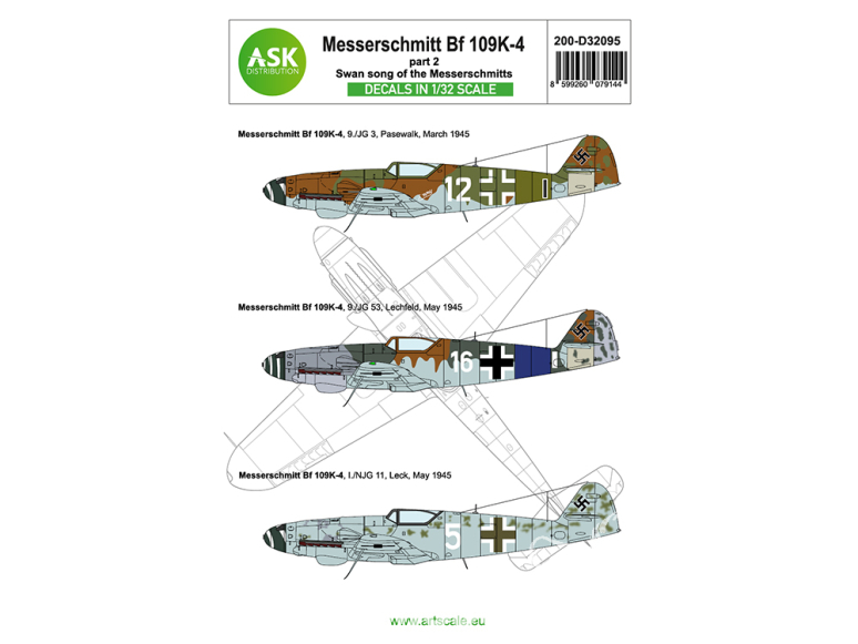 ASK Art Scale Kit Décalcomanies D32095 Messerschmitt Bf 109K-4 Partie 2 Swan song of the Messerschmitts 1/32