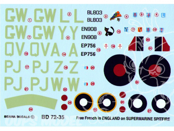 Decalques Berna decals BD72-35 FREE FRENCH ON SPITFIRE 1/72