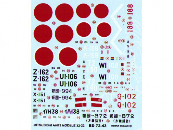 Decalques Berna decals BD72-43 MITSUBISHI ZERO A6M3 HAMP MODELE 32 - 22 1/72