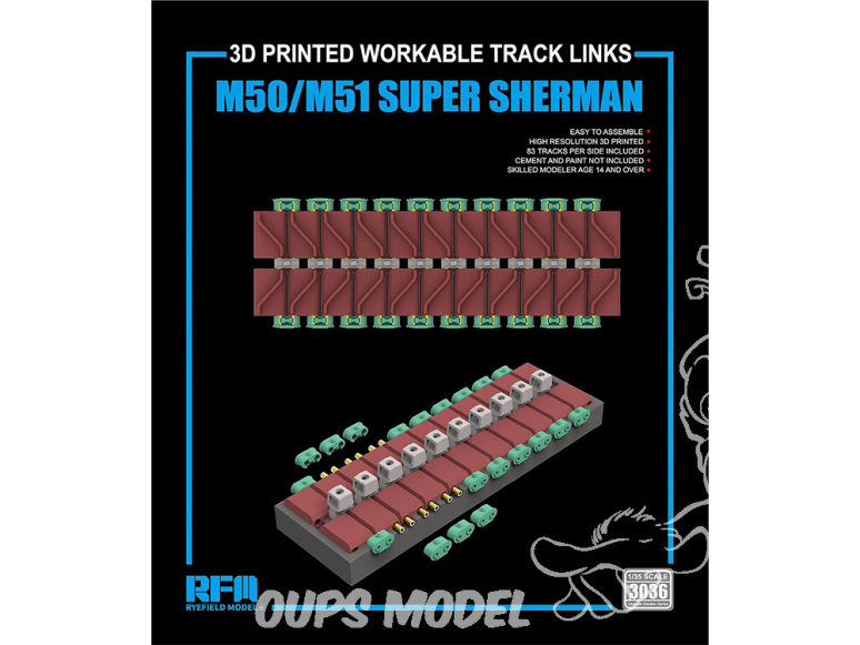 Rye Field Model maquette militaire 3036 Chenilles maillon par maillon M50 / M51 Super Sherman 1/35