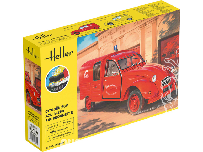 Heller maquette voiture 58701 STARTER KIT Citroen 2CV AZU-B 250 Fourgonnette inclus peintures principale colle et pinceau 1/24