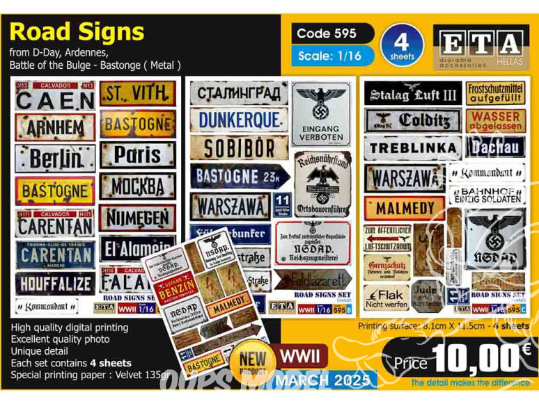 ETA diorama 595 Panneaux routiers type métal de la Seconde Guerre mondiale 1/16